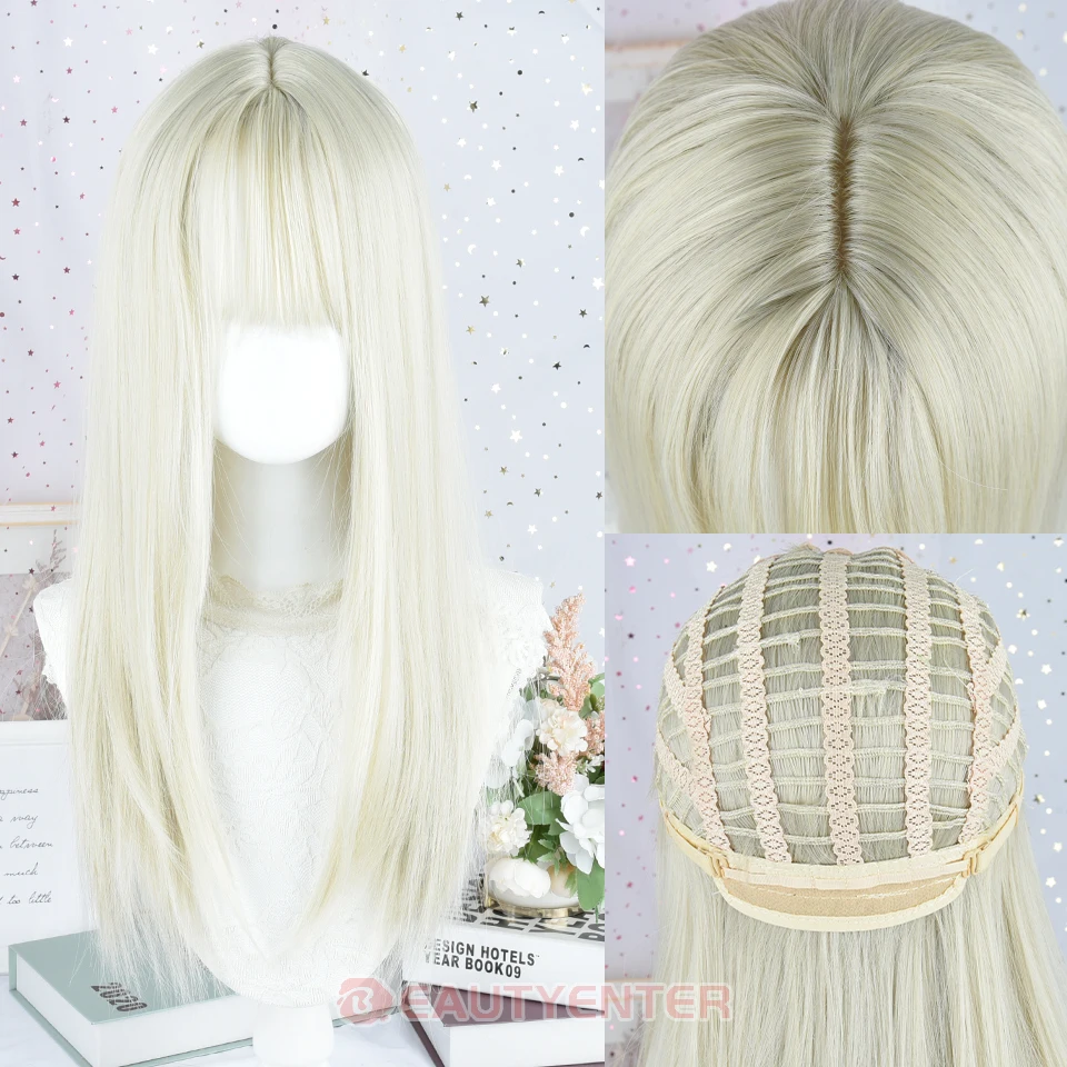 Длинные прямые белые платиновые синтетические парики с челкой для женщин Белый