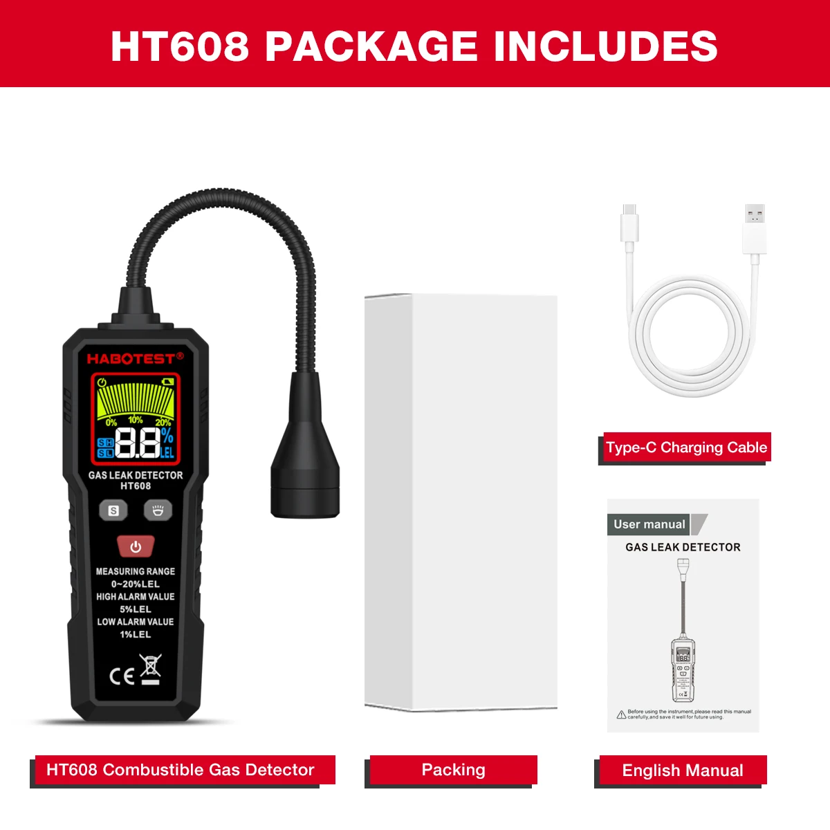 

HABOTEST HT608 Детектор утечки природного газа Звуковая и экранная сигнализация Детектор утечки метана Обнаружение местоположения