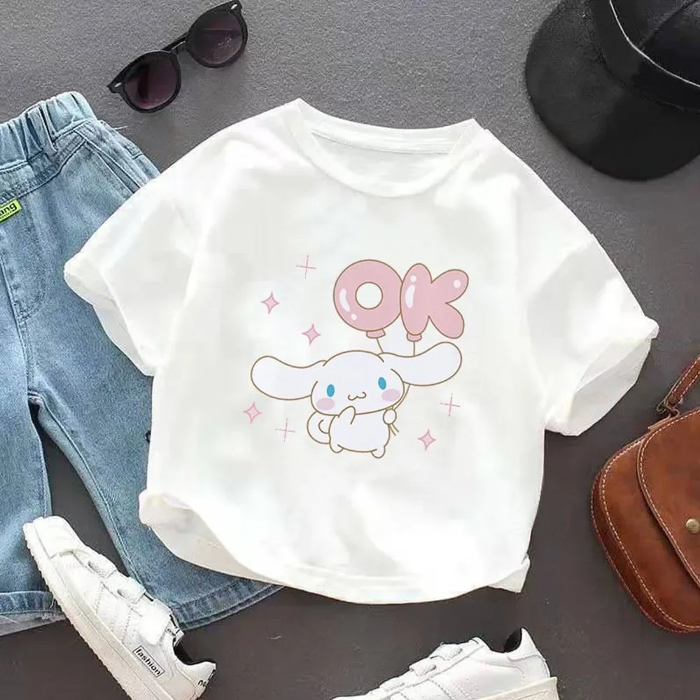 Аниме Cinnamoroll Детские с коротким рукавом Sanrios Kawaii для девочек и мальчиков белые