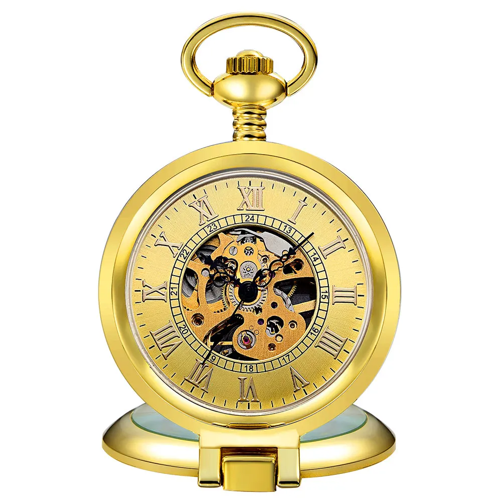 Vintage Mechanical Pocket Watch Roman Dial Hand Winding  Hollow Skeleton Steampunk Clock Full Steel Pocket Watch Chain Gifts