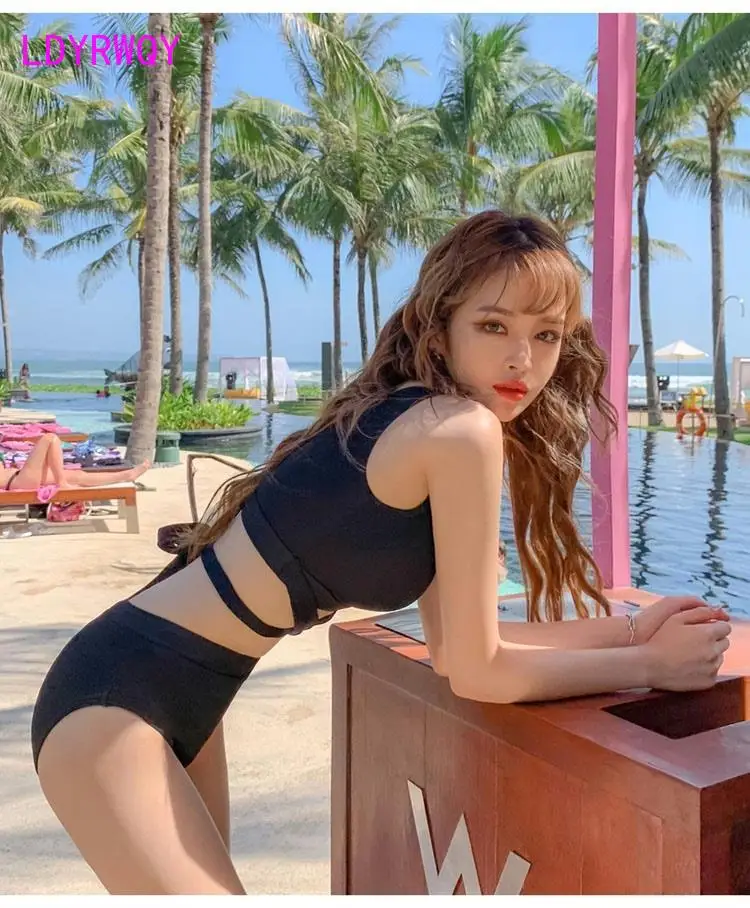 Женский раздельный купальник-бикини черный купальный костюм из двух предметов