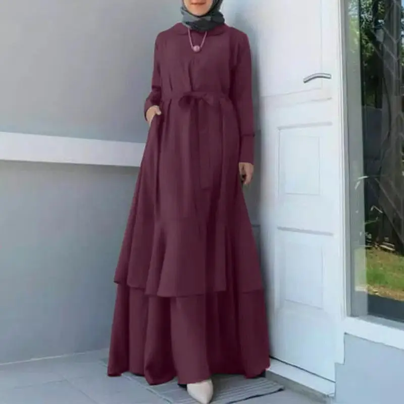 2023 Vintage Muslim Dress Women Long Sleeve Maxi Solid Sundress Robe Femme Female Drawstring  islamic clothing for women