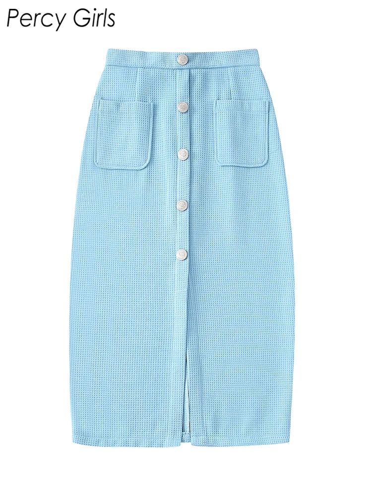 

2022 ZA New Fashion Office Lady Style Blue Tweed Single Breasted Midi Skirt Women Casual High Waist Pockets Chic Skirts Female