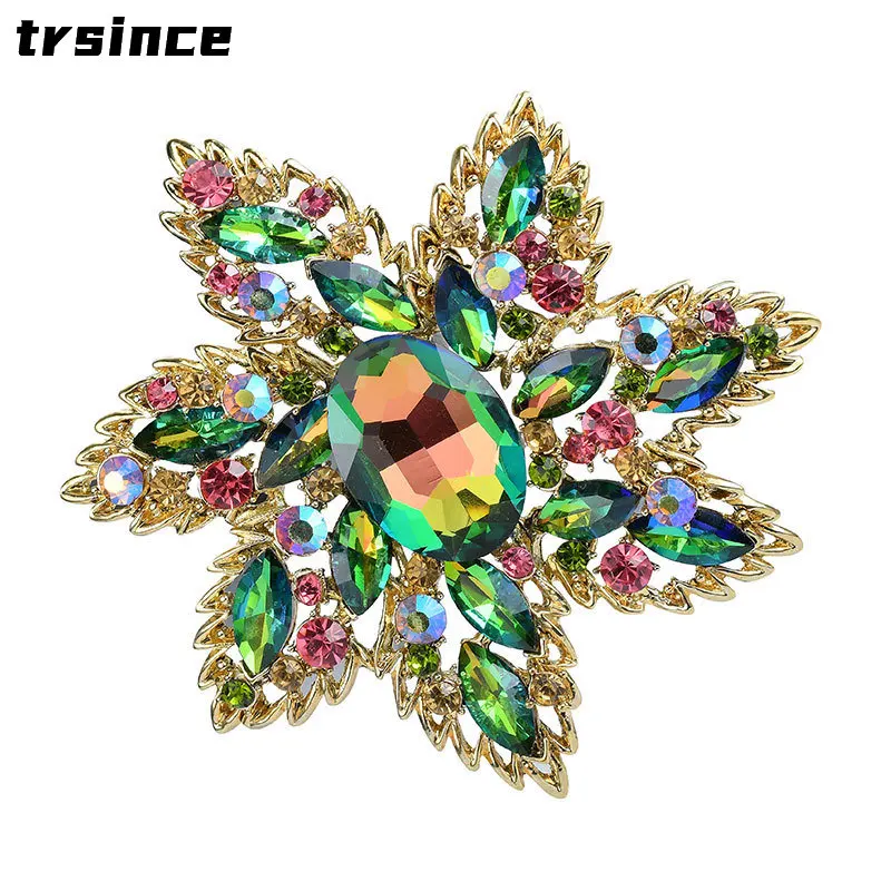 

New Blue Gem Brooch Inlaid Pearl Rhinestone Flower Brooches Personality Exaggerated Big Chest Tweed Coat Clothes Accessories