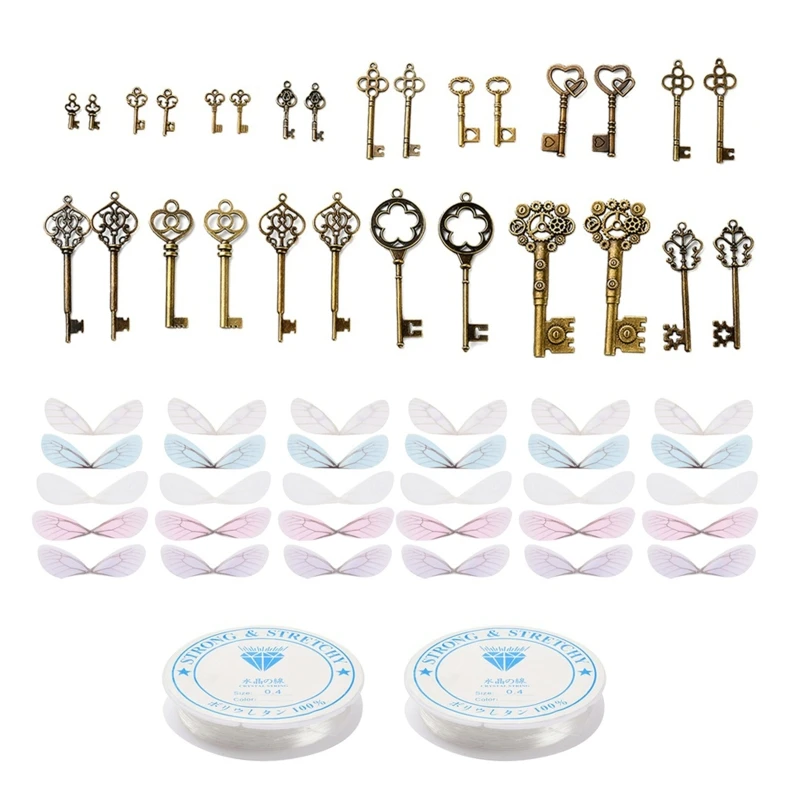 

517F 28Pcs Vintage Keys Charms with 30Pcs Butterfly Wings 2 Rolls Elastic Crystal Strings for DIY Christmas Decorations