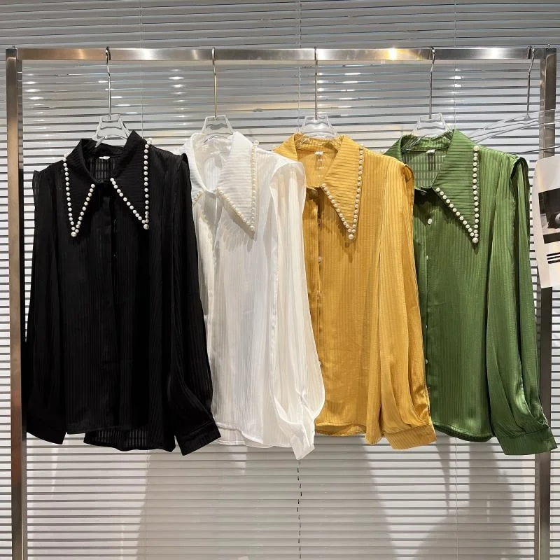 

Женская Весенняя блузка в полоску с жемчужными лацканами, черная, желтая, белая, зеленая блузка