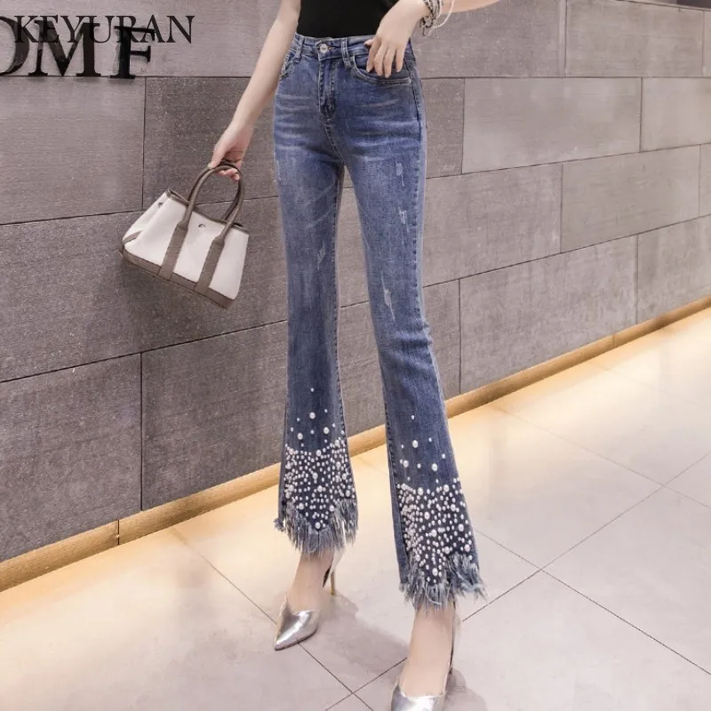 

Модные эластичные женские расклешенные джинсы с бусинами и бахромой, узкие женские длинные джинсы с широкими штанинами, женские джинсы