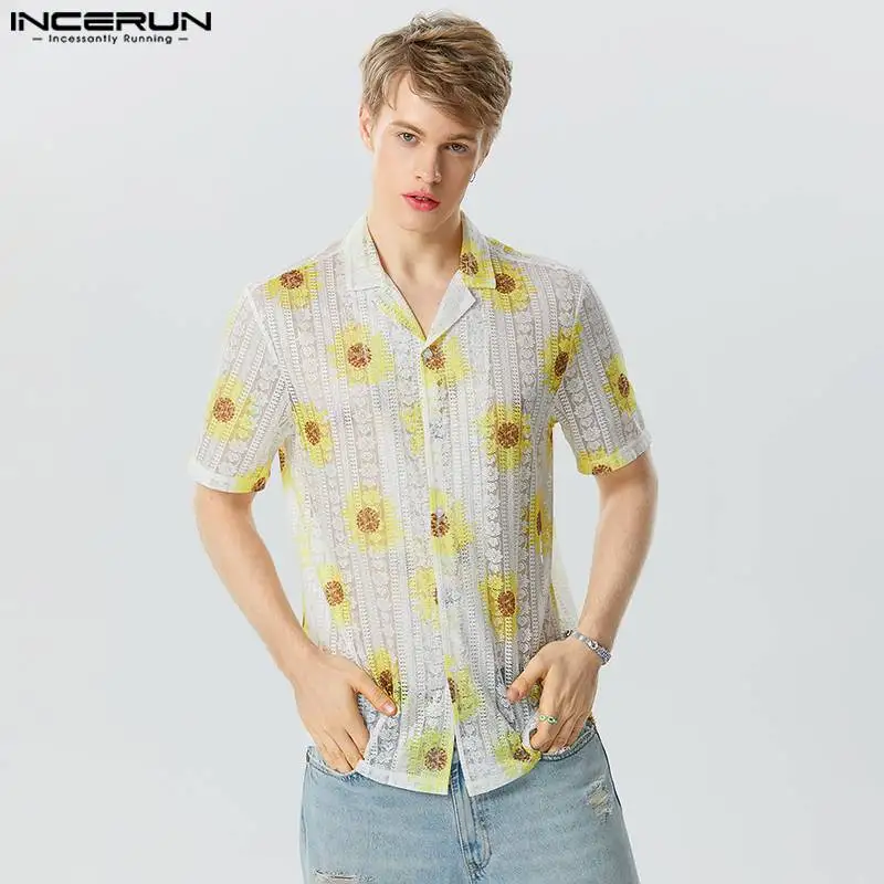 

INCERUN 2023 Men Shirt Mesh Flower Print Lapel Short Sleeve Summer Transparent Camisas Streetwear Vacation Hawaiian Shirts S-5XL