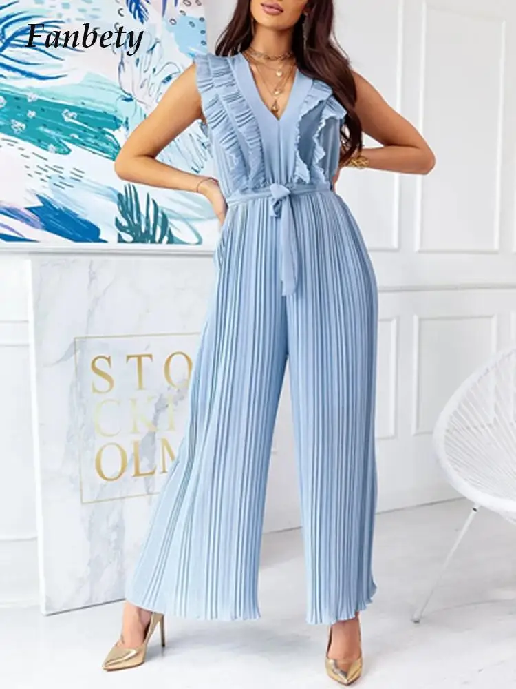 

Fashion Elegant Sleeveless Wide Leg Jumpsuit Sexy Women V Neck Hollow Lace Up Loose Romper Summer Solid Ruffle Pleated Playsuit