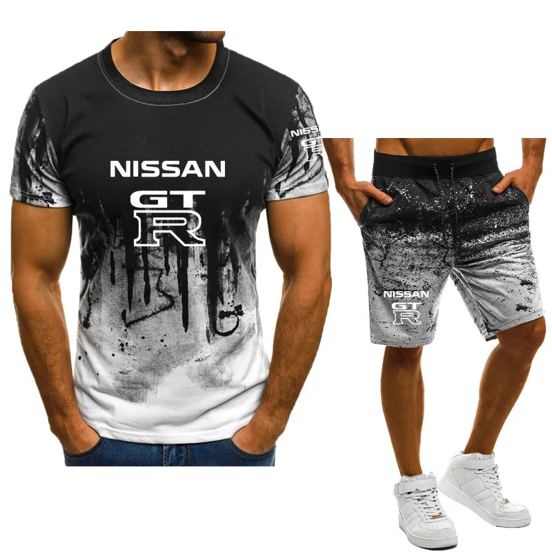 

Hot sale GTR car logo print Hip Hop Gradient Men's Short Sleeve T-Shirt Shorts Set Fashion casual high quality new men's suit