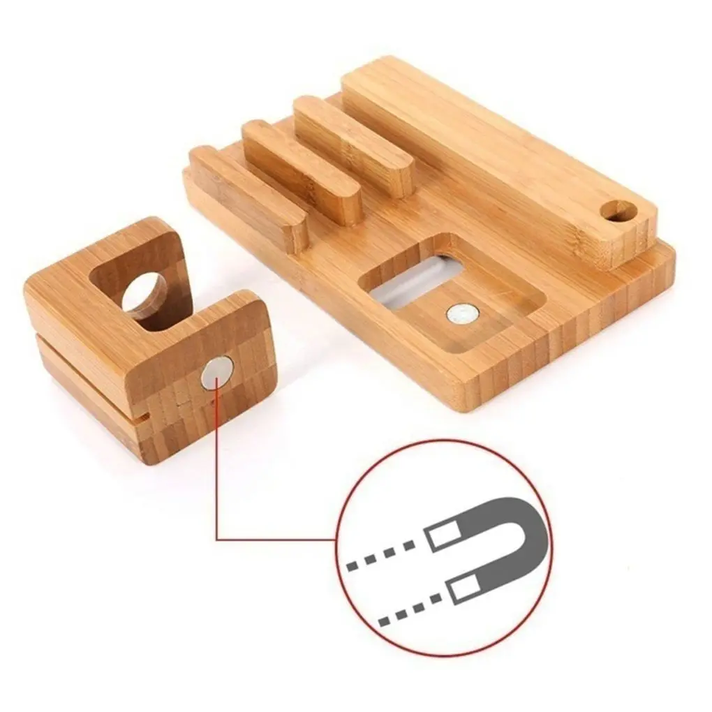 

4 USB Ports Bamboo Charging Station Phone Holder Wood Organizer Tablets Watch Stand Charger