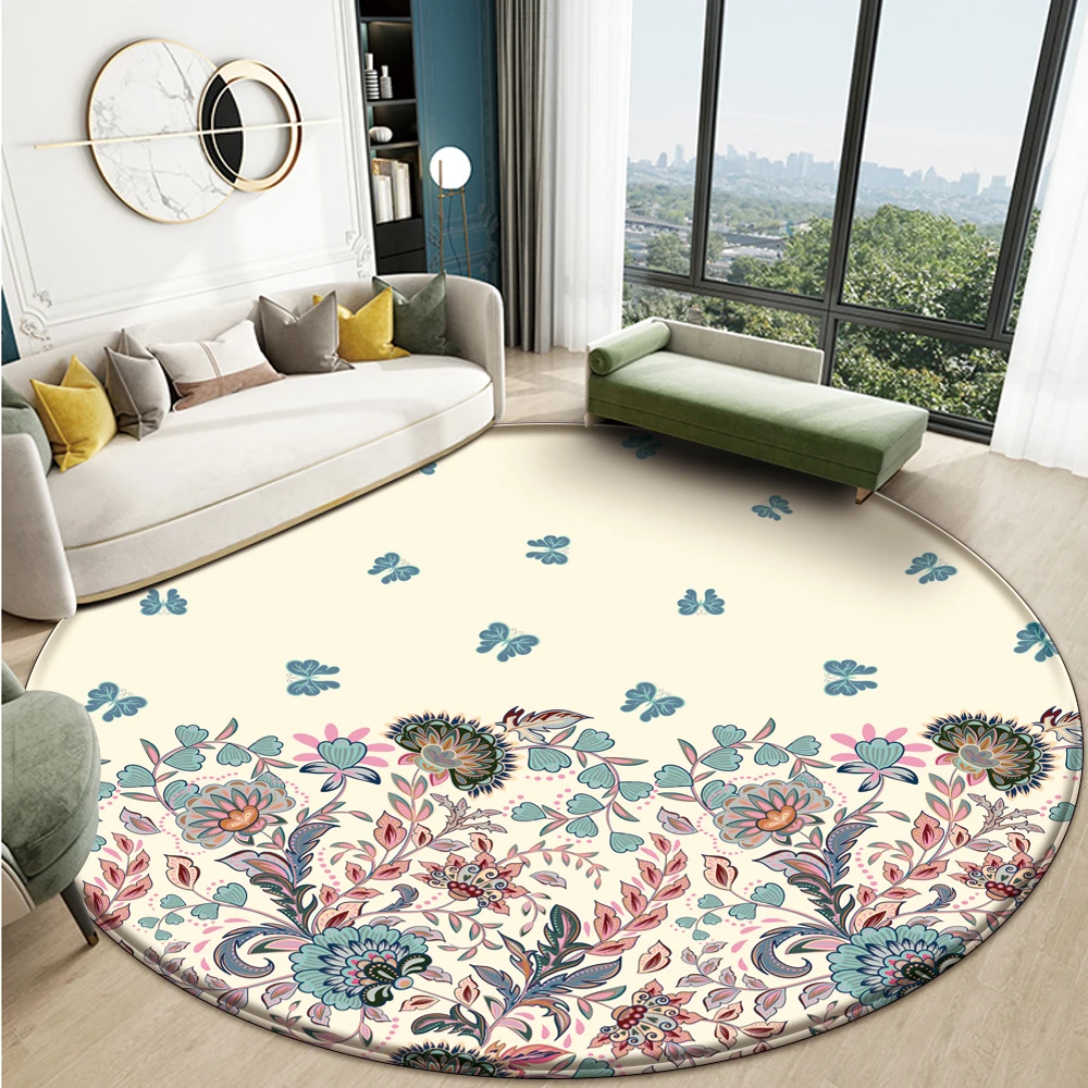 

Pastoral Style Fresh and Simple Chrysanthemum Pattern Circular Carpet for Living Room Area Rug for Bedrooms Anti Slip Decoration