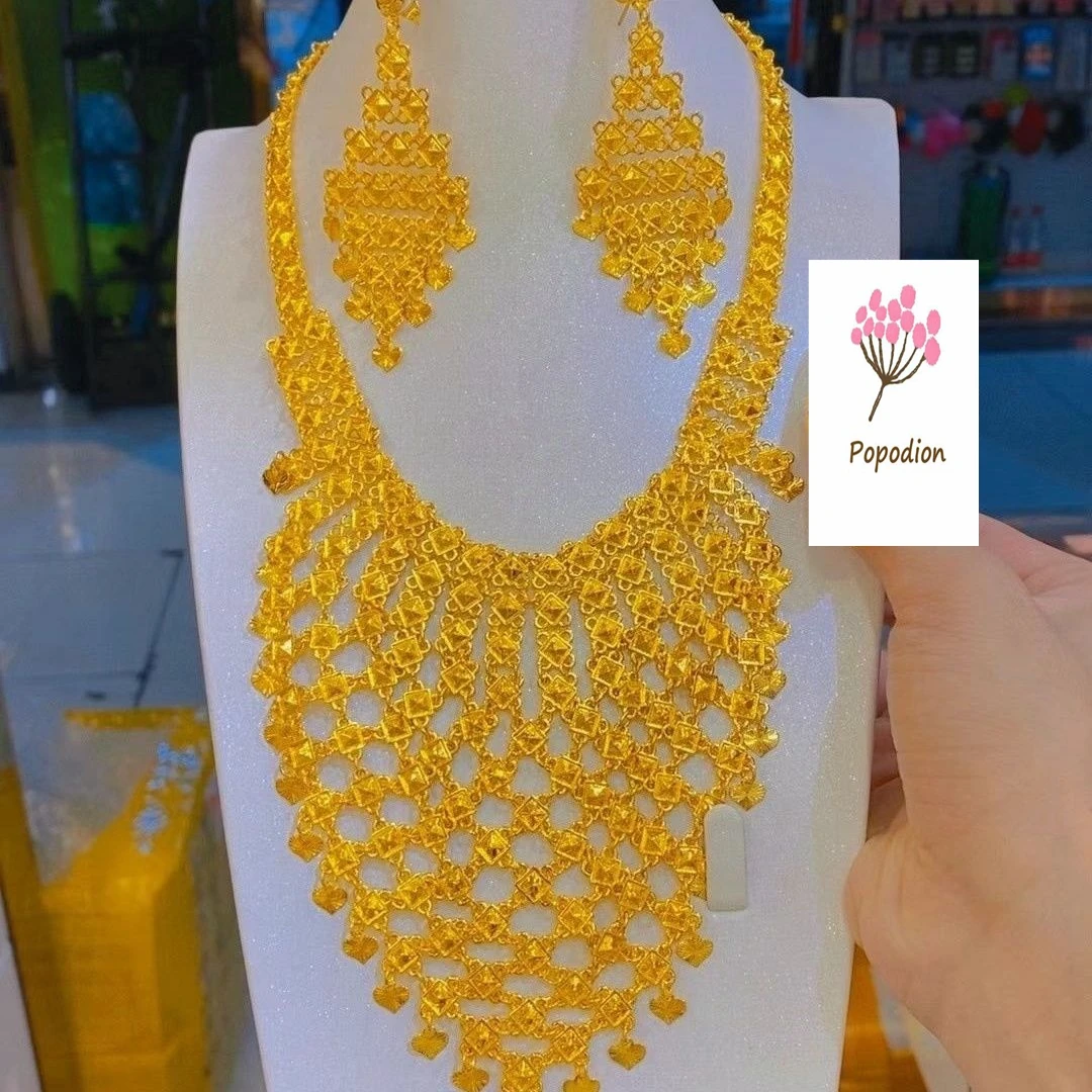 2024 Popodion Дубай Новый 24K позолоченный Ожерелье серьги женский свадебный набор