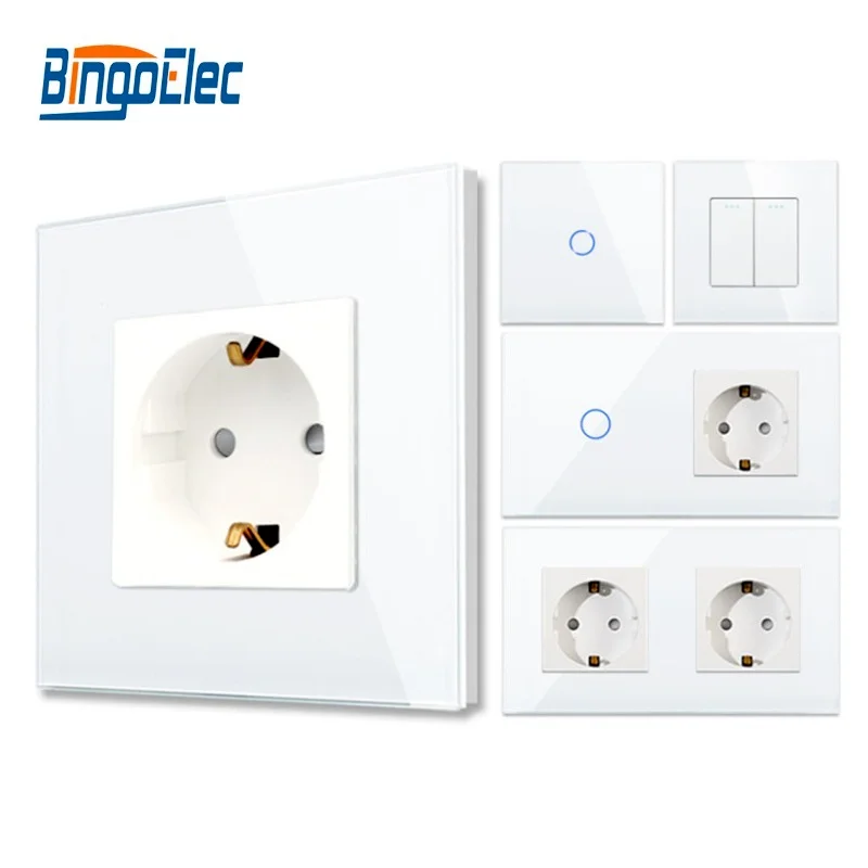 

Bingoelec White Light Touch Switch and Wall Socket with Crystal Glass Panel Switches with Sockets for Home Improvement
