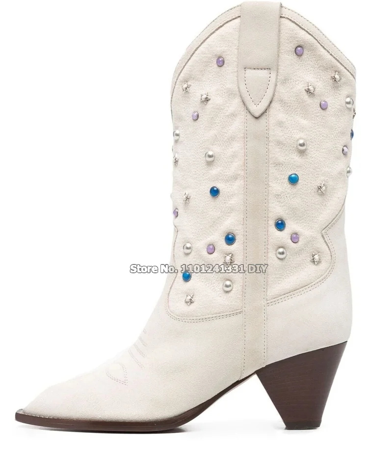 Real Cow Leather Gemstone 6Cm Spike Heeled Short Boots Ladies Rivets High Heel Autumn Winter Mid Calf Boots Plus Size