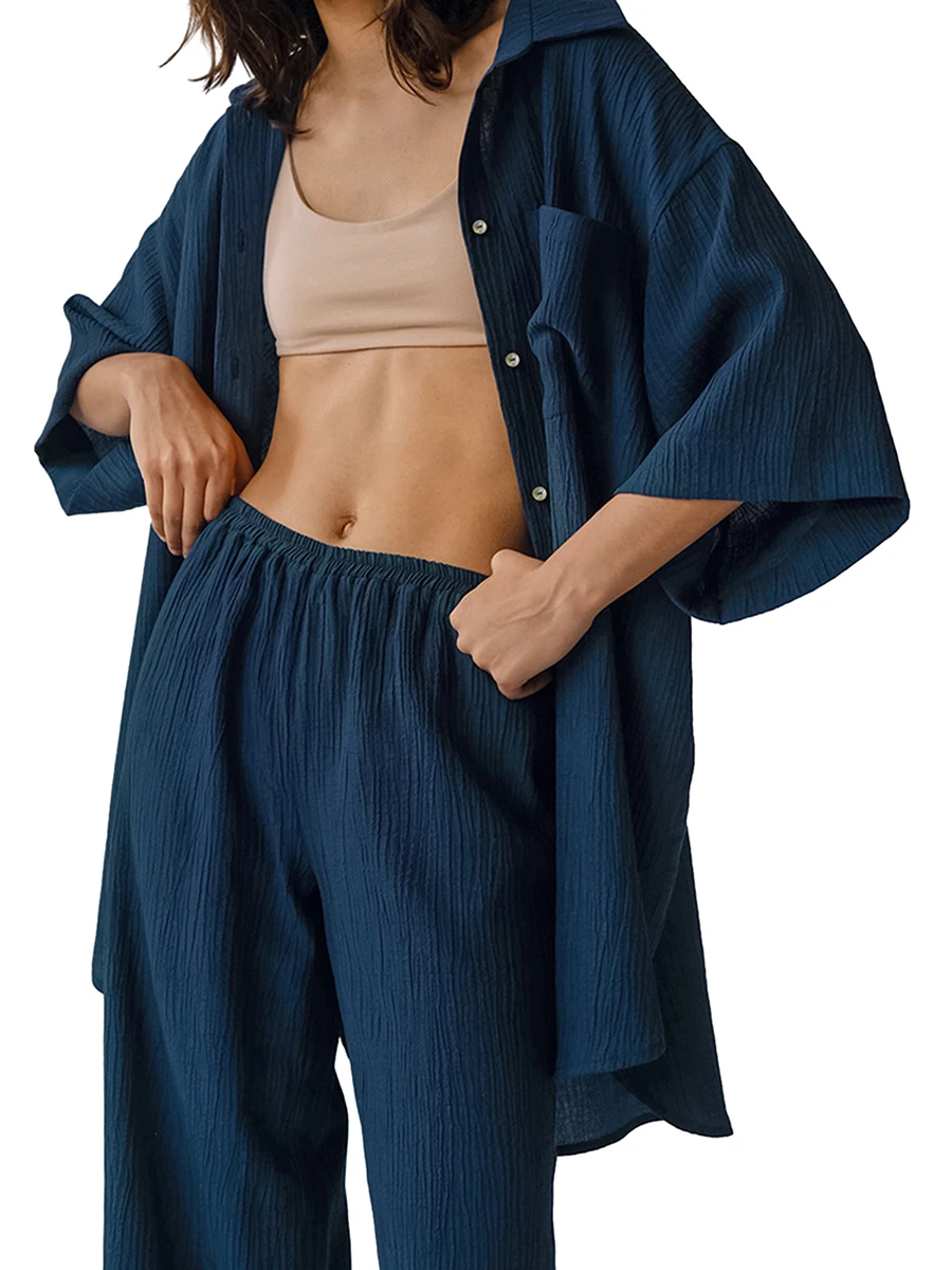 Женский повседневный комплект из двух предметов, кардиган на пуговицах и брюки с эластичной талией, удобная одежда для сна