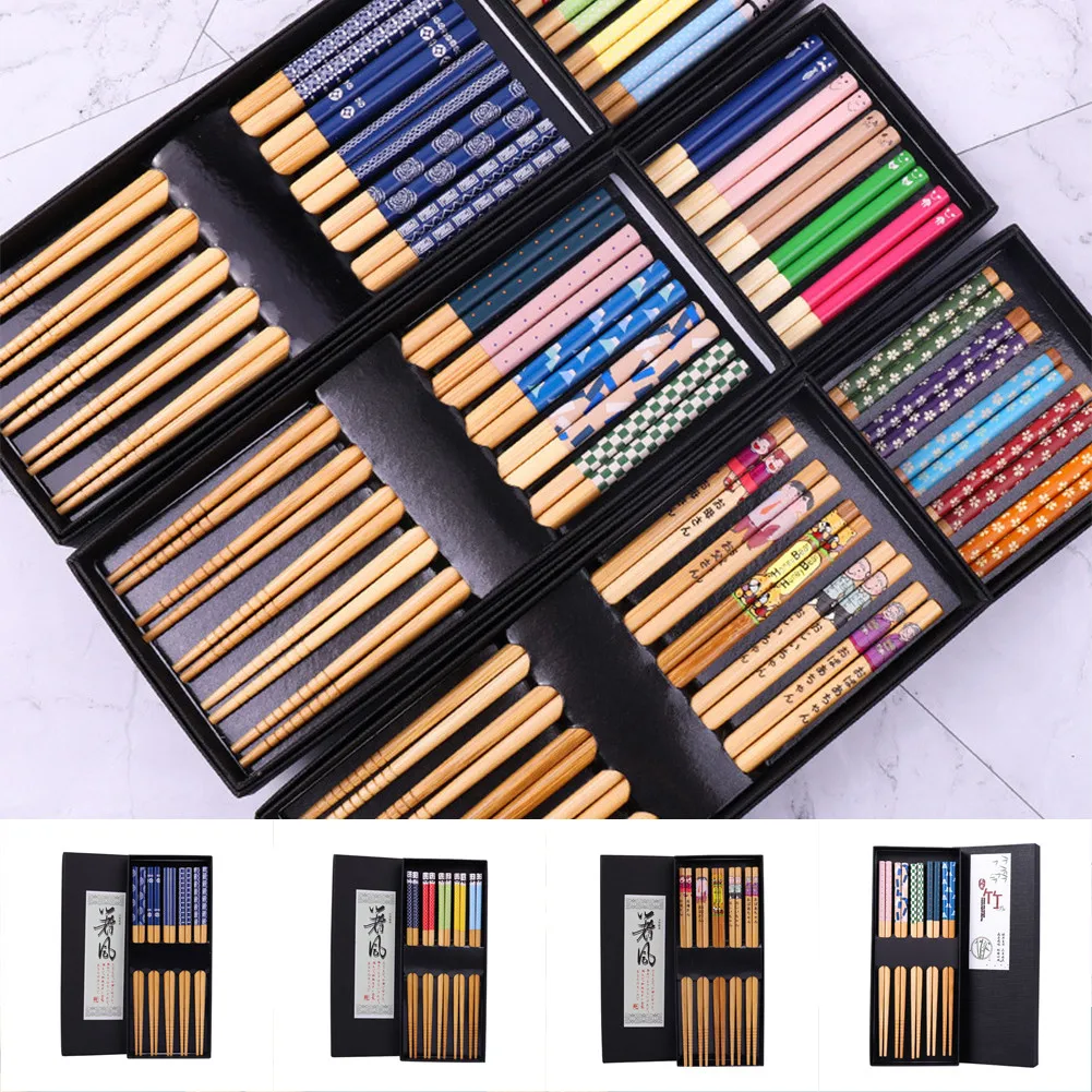

5 Pairs Chopsticks Set Natural Reusable Bamboo Chinese Style Sushi Rice Chopsticks Bamboo Wood Tableware Kitchen Accessories