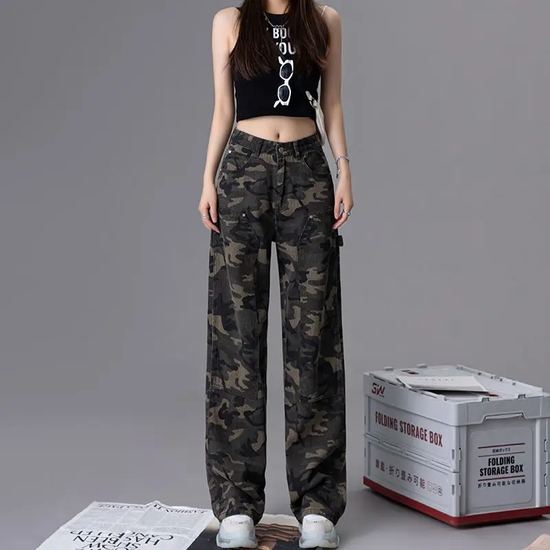 

High Street Army Green Tooling Jeans Women's 2022 Spring and Autumn New High Waist Loose Wide Leg Straight Camouflage Pants