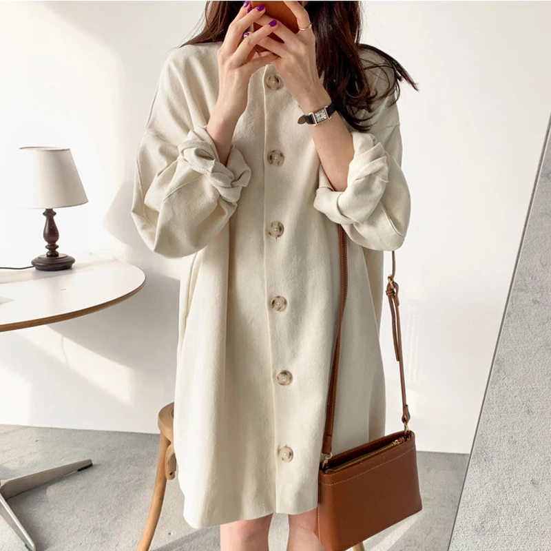 

Loose Solid Colors Women Dress White Casual Vestidos Puff Sleeve Long Sleeve O-neck Single-breasted Autumn Female Mini Dress New