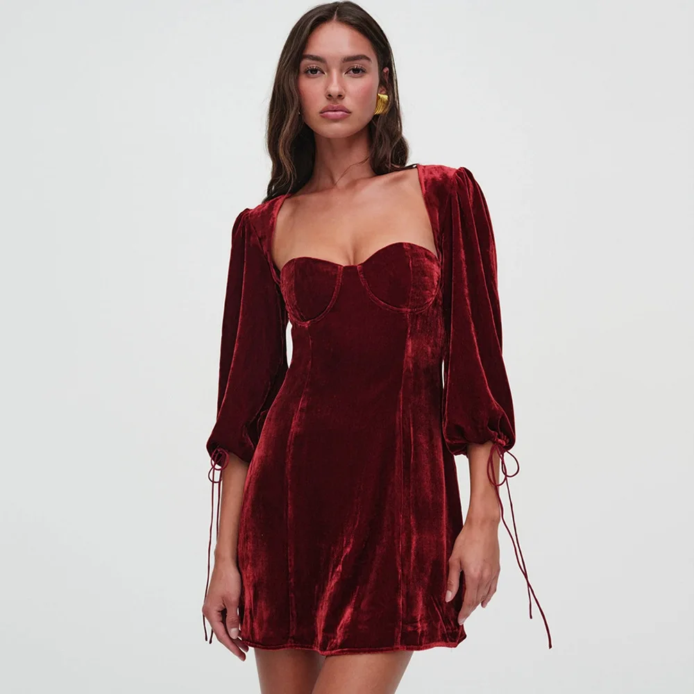 Сибибо-Мини Vestido de terciopelo con espalda описание для женщин cordones манга acampanada cuello cuadrado