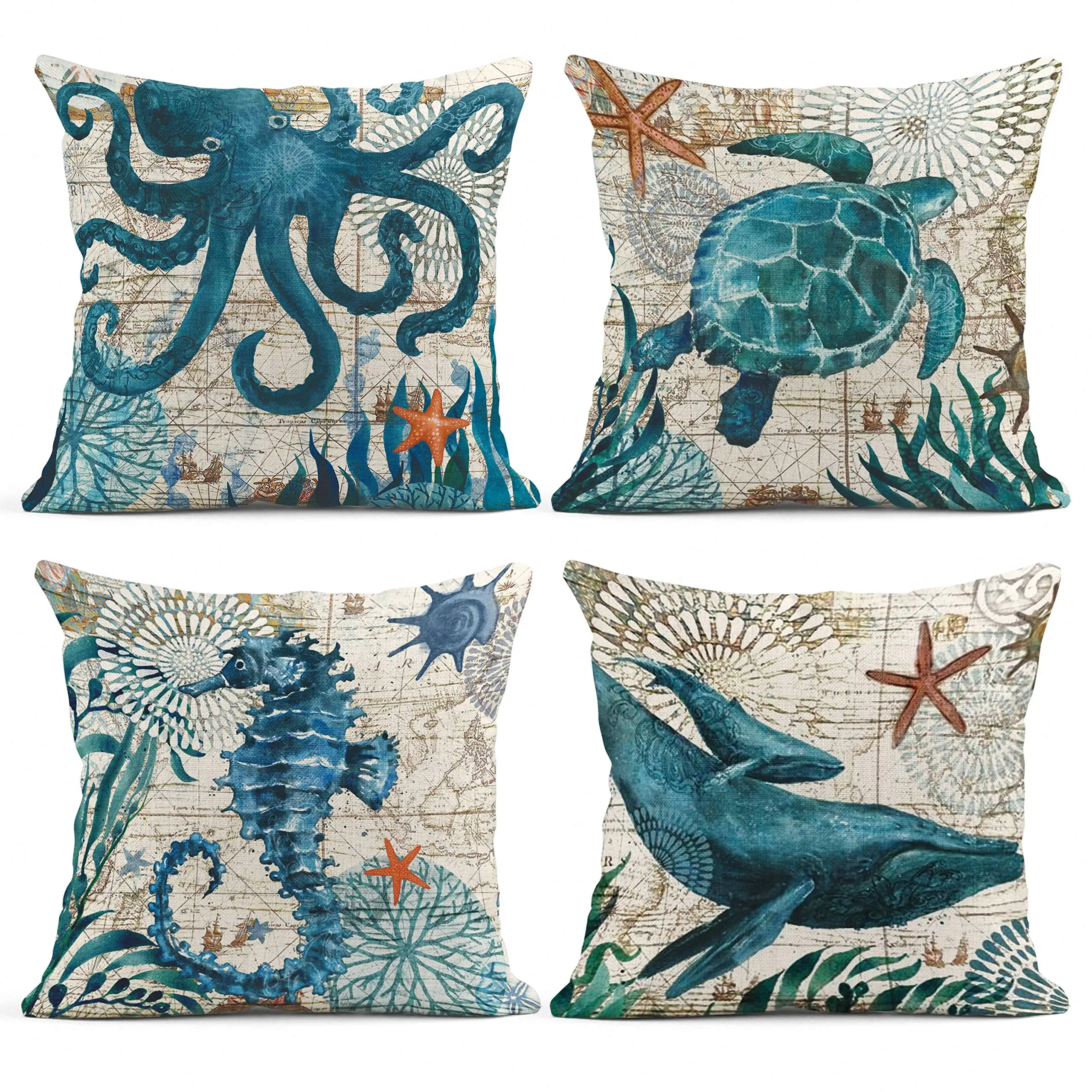 

Sea Life Whale Octopus Returned Seahorse Pillowcase Home Decoration Living Room Sofa Cushion Cover 50*50 Linen Pillowcase 40*40