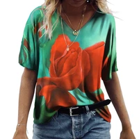 2022 new summer tops women vintage 3d floral print t shirt loose beach casual short sleeve v neck tee top ladies fashion clothes