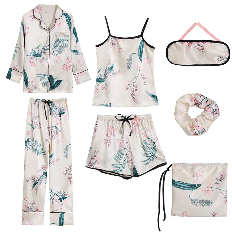 Designers Women's 7 Pieces Pajamas Set Satin Silky Flower Pajama Female Spring Summer Sleepwear Set For Girls Woman