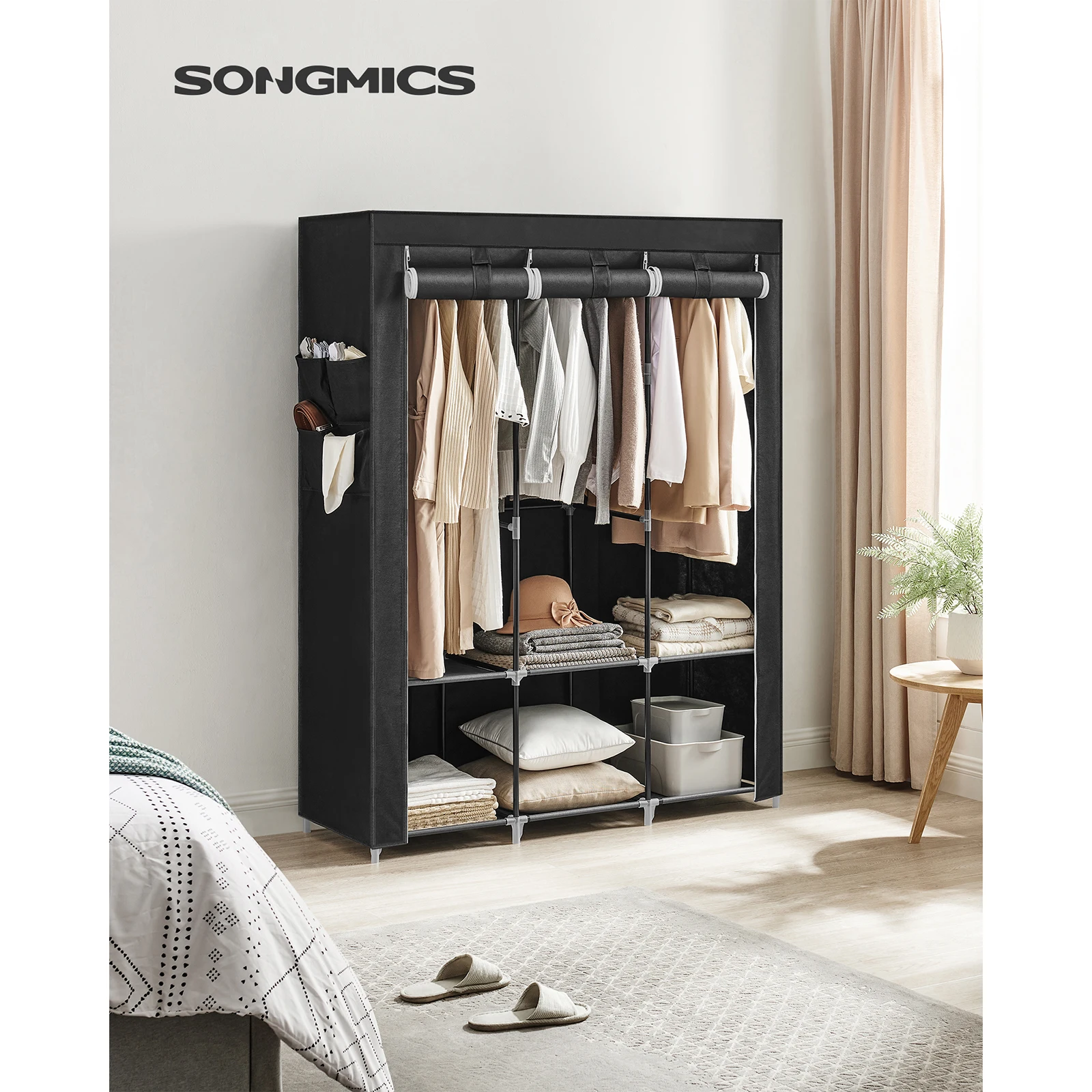 SONGMICS Portable Clothes Wardrobe:130x45x167cm,Cover,3 Hanging Rails,Shelves,4 Side Pockets,Large Capacity,Black,Bedroom