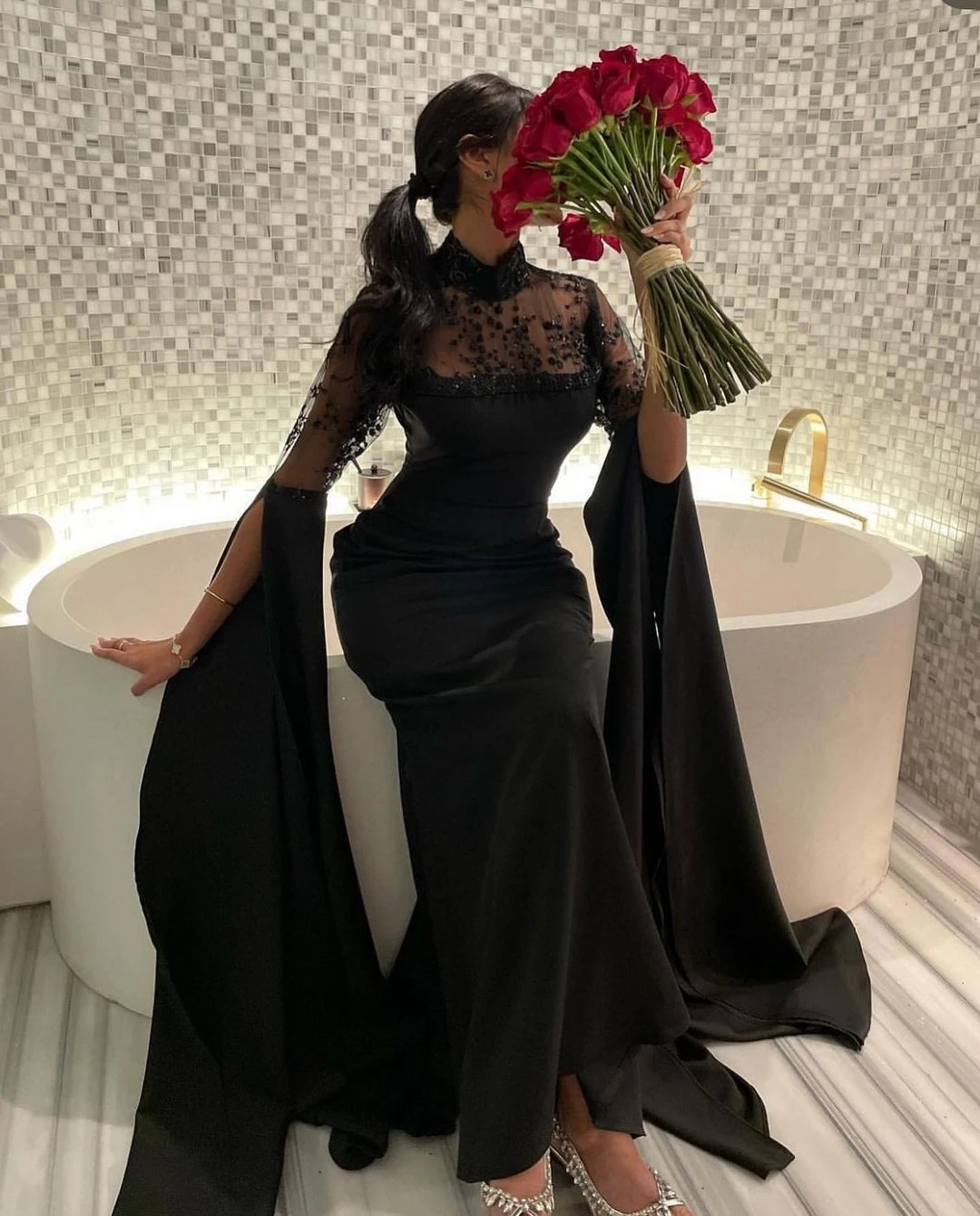 

High Collar Beaded Black Dresses Women Wear Evening Party Long Sleeves Prom Dress for Saudi Arabia Ladies Formal Occasion Gowns