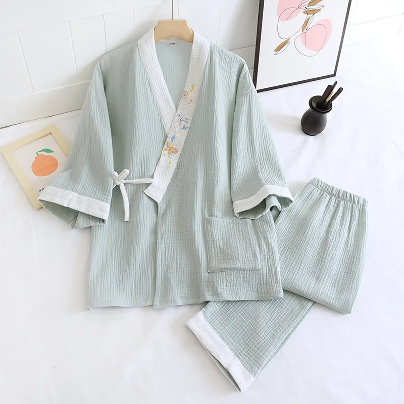 Fdfklak Embroidery V-Neck Japanese Kimono Pajamas Set For Women Cotton Home Sleepwear Autumn Fashion Thin Loose Nightwear