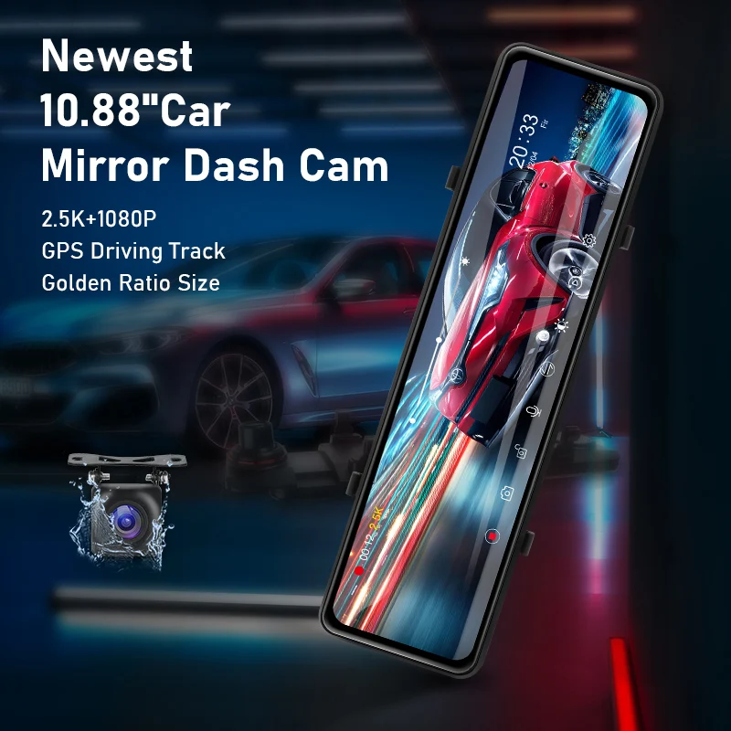 $77.69 Jansite 10.88 inch Dual Lens Dash Cam Video Recorder 2.5K+1080P Touch Screen Rear View Camera Mirror Car Camera Night Vision