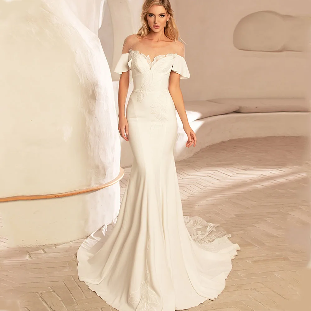 

Classic Vestido De Noiva 2022 O-Neck Short Sleeves Lace Up Backless Wedding Dress Jersey Sweep Train Applique Trumpet Bride Gown