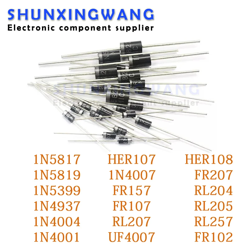 100 шт. 1N4007 1N5819 1N4001 UF4007 FR107 FR157 FR207 1N4004 1N4937 HER107 RL207 1N5817 1N5399 DO-41 RL204 RL205 RL257 FR102