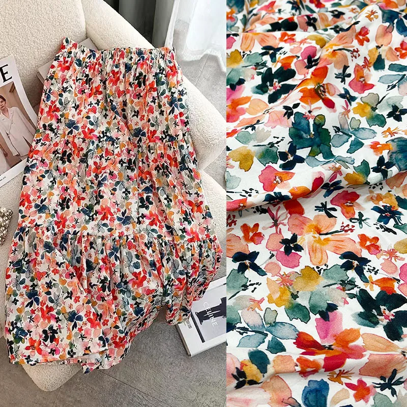 

New Soft Rayon Clothing Skirt Fabric Oil Painting Style Colorful Flower Pattern High Quality DIY Design Clothing Material Fabric