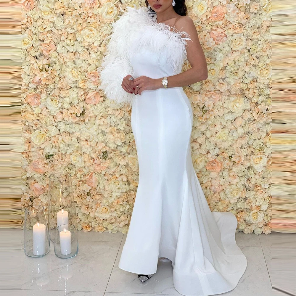 

Xijun Dubai White Feathers Satin Mermaid Evening Dresses One Shoulder Pleat Ruched Saudi Arabic Women Formal Party Prom Gowns