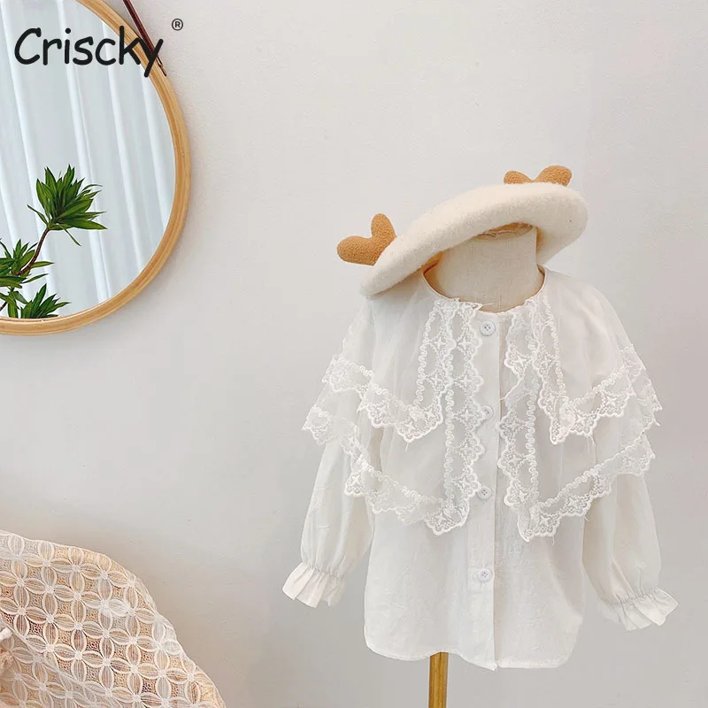 

Осень 2022, блузка для девочек Criscky с длинным рукавом и кружевным воротником, детские топы для девочек, модные хлопковые повседневные рубашки ...