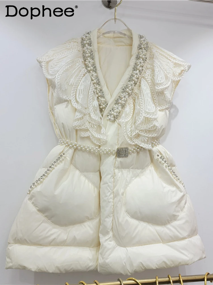 

Fashion Heavy Industry Beads Lace Edge Down Vest Women 2023 Winter Warm V-neck Short Leeveless Cardigan Female with Belt