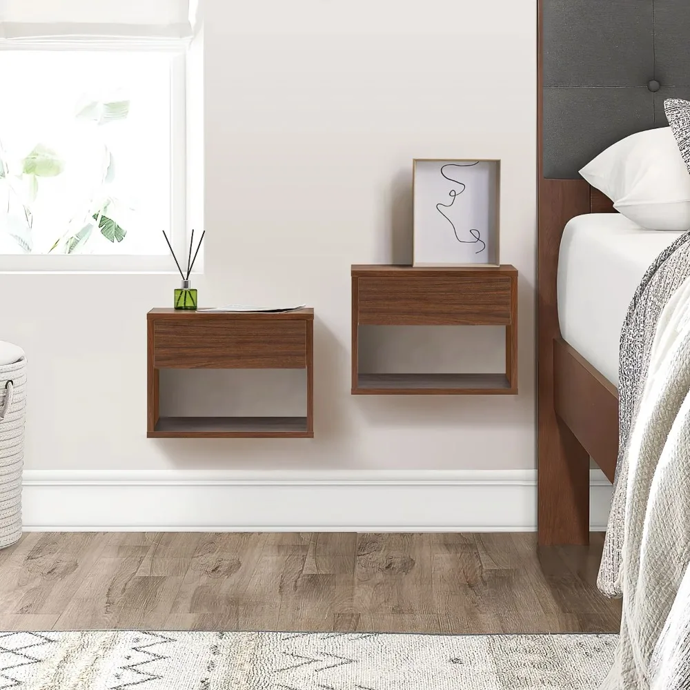 

Set of 2 Floating Nightstands, Wall Mounted End Table with Drawer Storage for Living Room, Bedroom, Walnut furniture bedroom