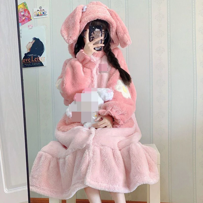 

Pink Animal Rabbit Pajamas Kigurumi Girls Pyjama Winter Flannel Hooded Nightgown Soft Warm Sleepwear Cute Cartoon Nightdress