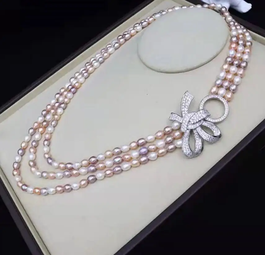

Женское Ожерелье из натурального пресноводного жемчуга 6-7 мм, разноцветные рисовые бусины с бантом, изящное ожерелье, ювелирные изделия