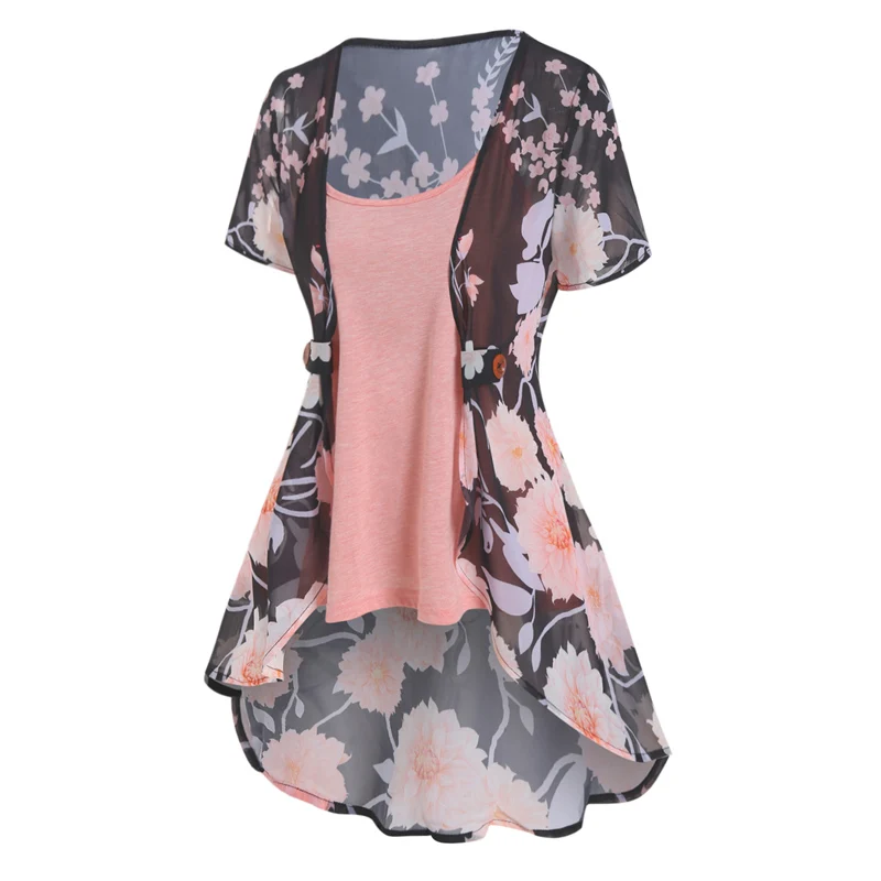 

Flower Print Open Front Short Sleeve Asymmetric See Thru Top For Women Summer And Heathered Camisole Two Piece Set