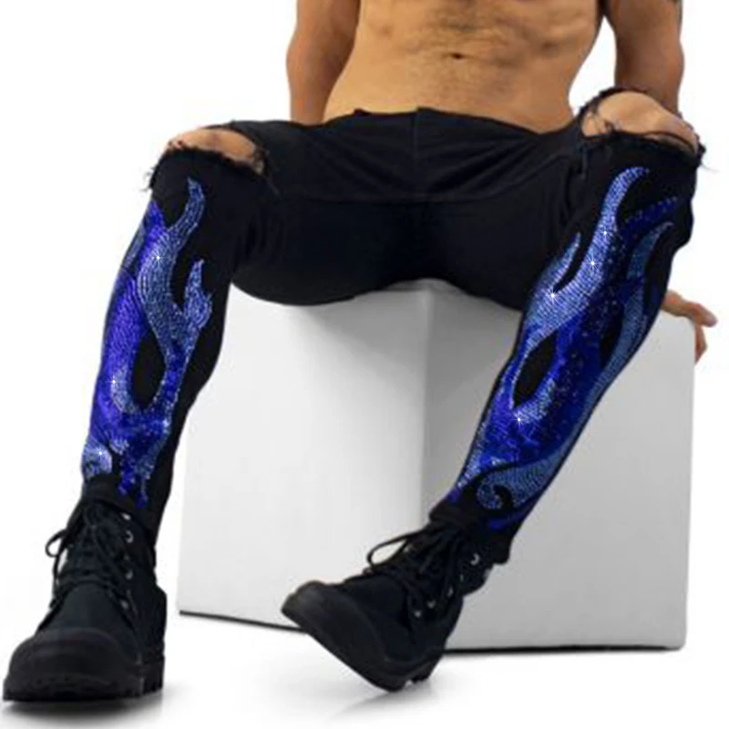 New Men's Stretchy Black Jeans Skinny Slim Fit Hot Drill Punk Streetwear Biker Trousers Man Rhinestone Hole Denim Pencil Pants