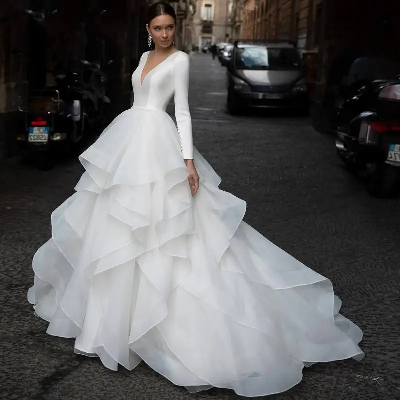 

Romantic A Line Wedding Dress Graceful V Neck Ruffles Long Sleeve Court Train Princess Bride Gown Plus Size