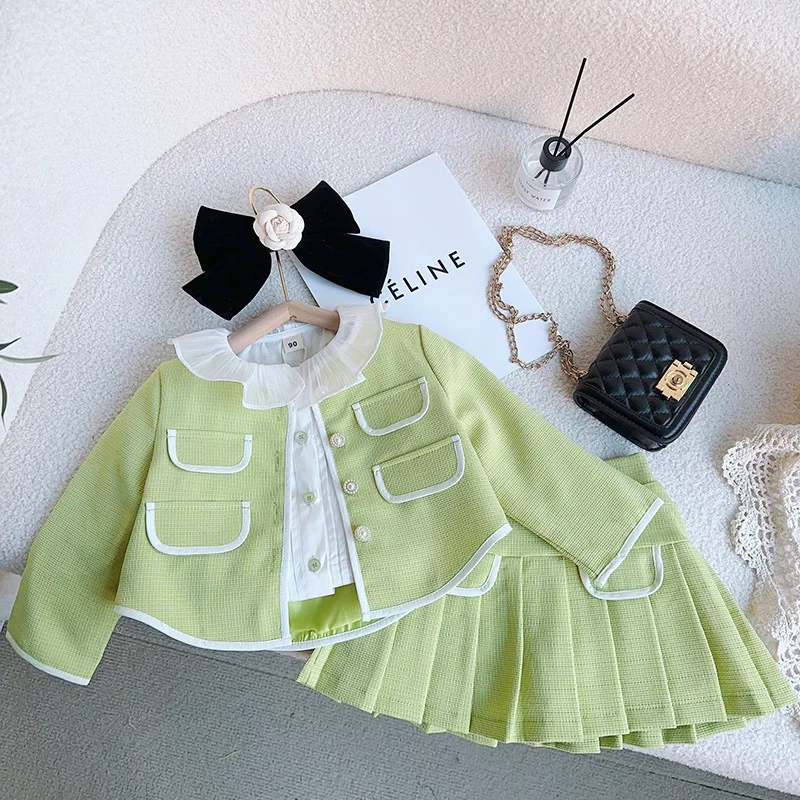 

Toddler Girls Sets Clothes Spring Autumn Fashion Tweed Jacket Pleated Skirt 2 Pieces Set Outfit Kids Boutique Princess Clothing