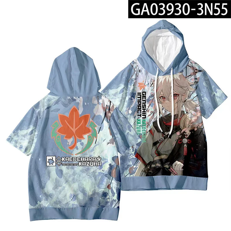 Anime Genshin Impact 3D Print Oversized T Shirt Kaedehara Kazuha Cosplay Short Sleeve Hooded T-shirt Casual Loose Pullover Tops