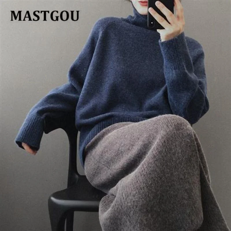 

MASTGOU OverSized Winter Thick Sweater Women Knitted Cashmere Pullover Sweater Long Sleeve Turtleneck Loose Jumper Warm Pull