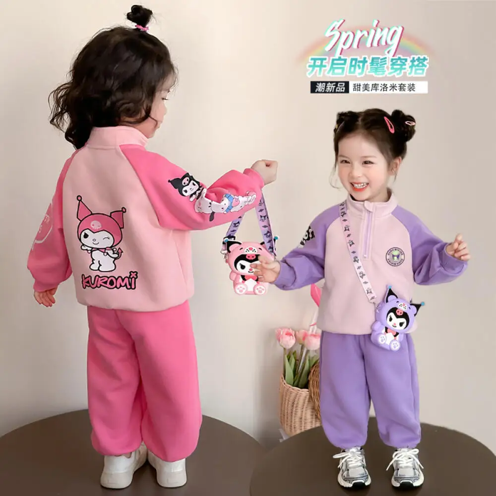Фото Sanrio Kuromi повседневный костюм для девочек, весенне-осенний детский спортивный кардиган, топ и штаны, комплект из 2 предметов, милый свитшот на выход №1