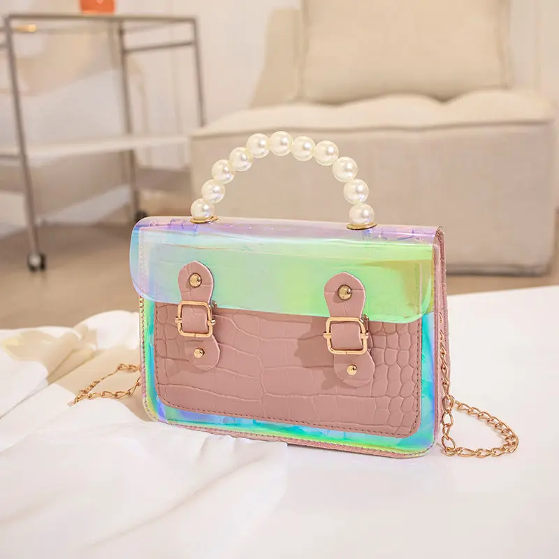 Pearls Handbag Crocodile Print Leather Laser Color Small Crossbody Bag Chain Coin Purse For Women Korean Fashion Accessories