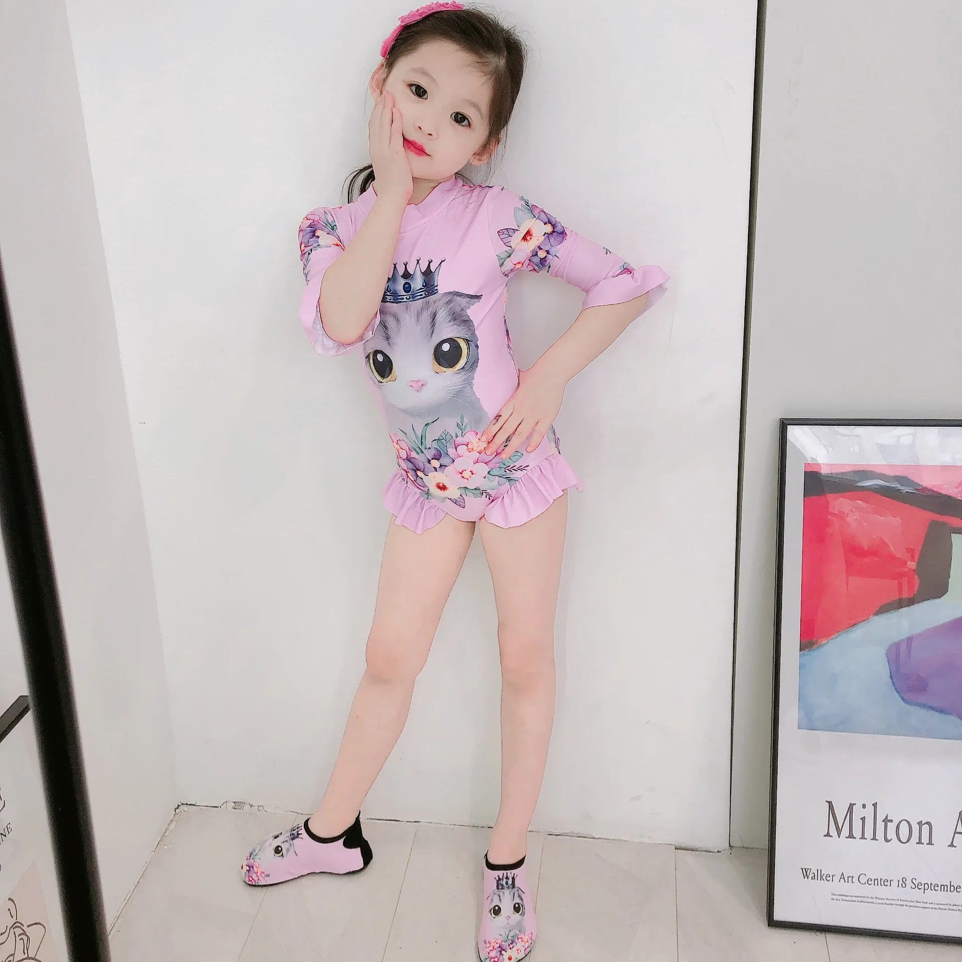 

Girl Crown Cat Ruffle Sleeve Bikini One-Piece Swimwear Baby Girls Swimsuit Bathing Beach Costume Swunwear