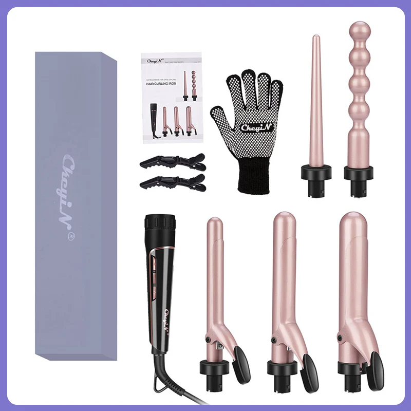 5 in 1 Ceramic Hair Curler Curling Iron Wand Roller Set Interchangeable Barrels Curls Wave + Heat Resistant Glove Styling Tool